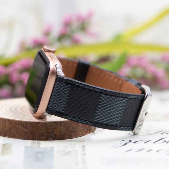 Checker Damier Graphite Apple Watch Band Black Gray Leather 38/40/41 & 42/44/45